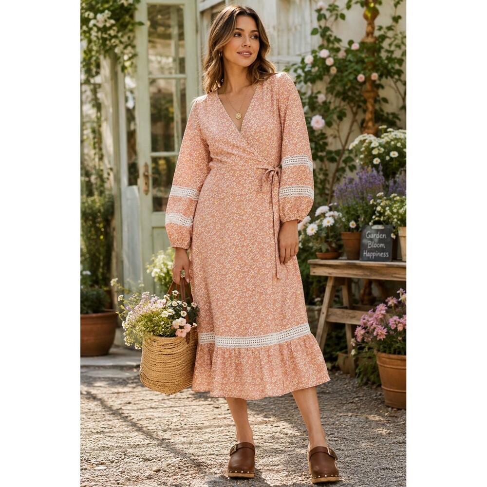 MAJE Women's New Wrap Maxi Dress 40 US 8 Pink Floral Lace Linen Blend MARGUERITE